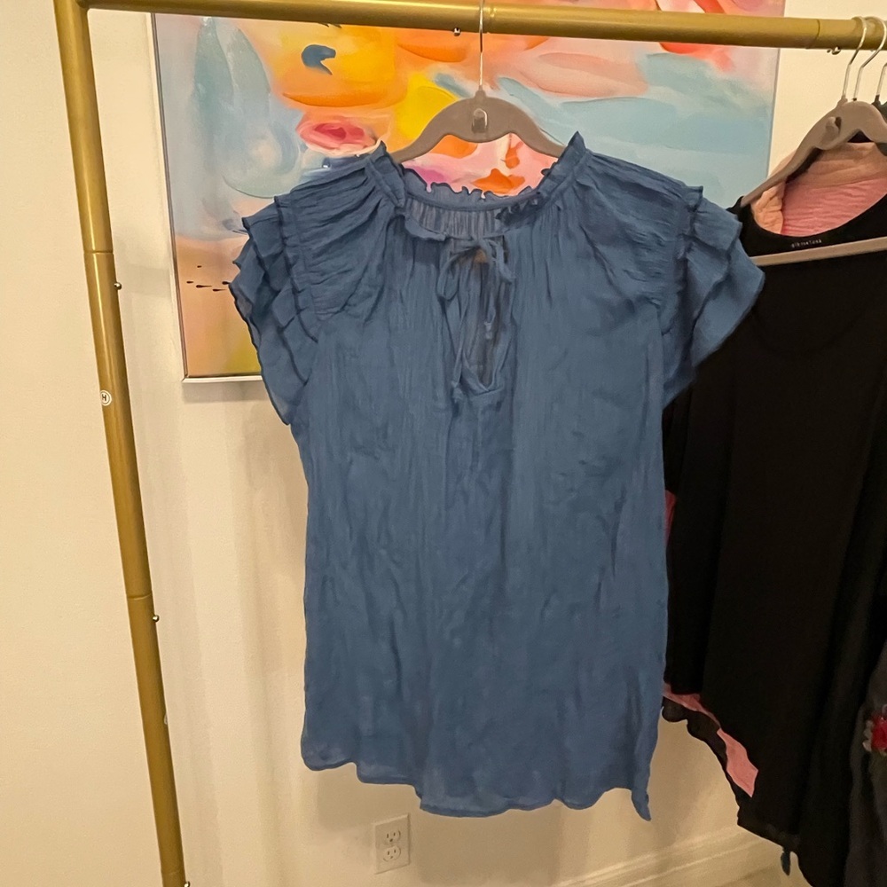 Women's Blue Ruffle Sleeve Tie-Neck Blouse Size‎ XL